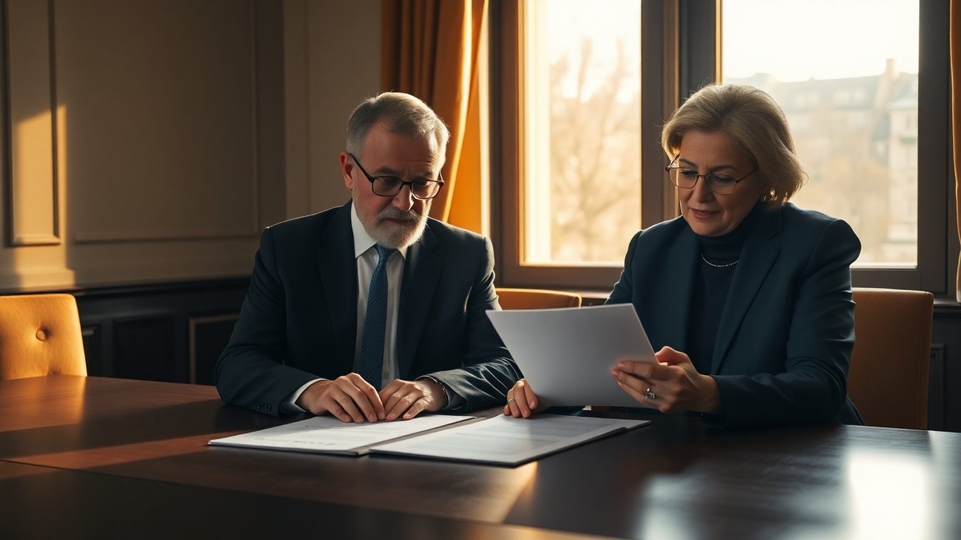 Două generații ale unei familii revizuind documente patrimoniale într-un birou discret